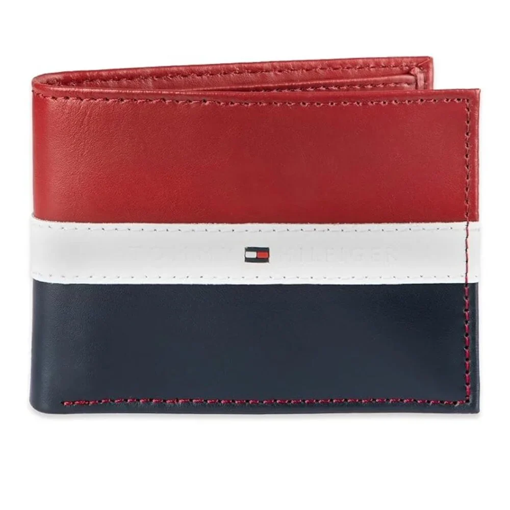 Tommy Hilfiger mens Leather Slim Bifold With Coin Pocket wallets, RED NAVY WHITE